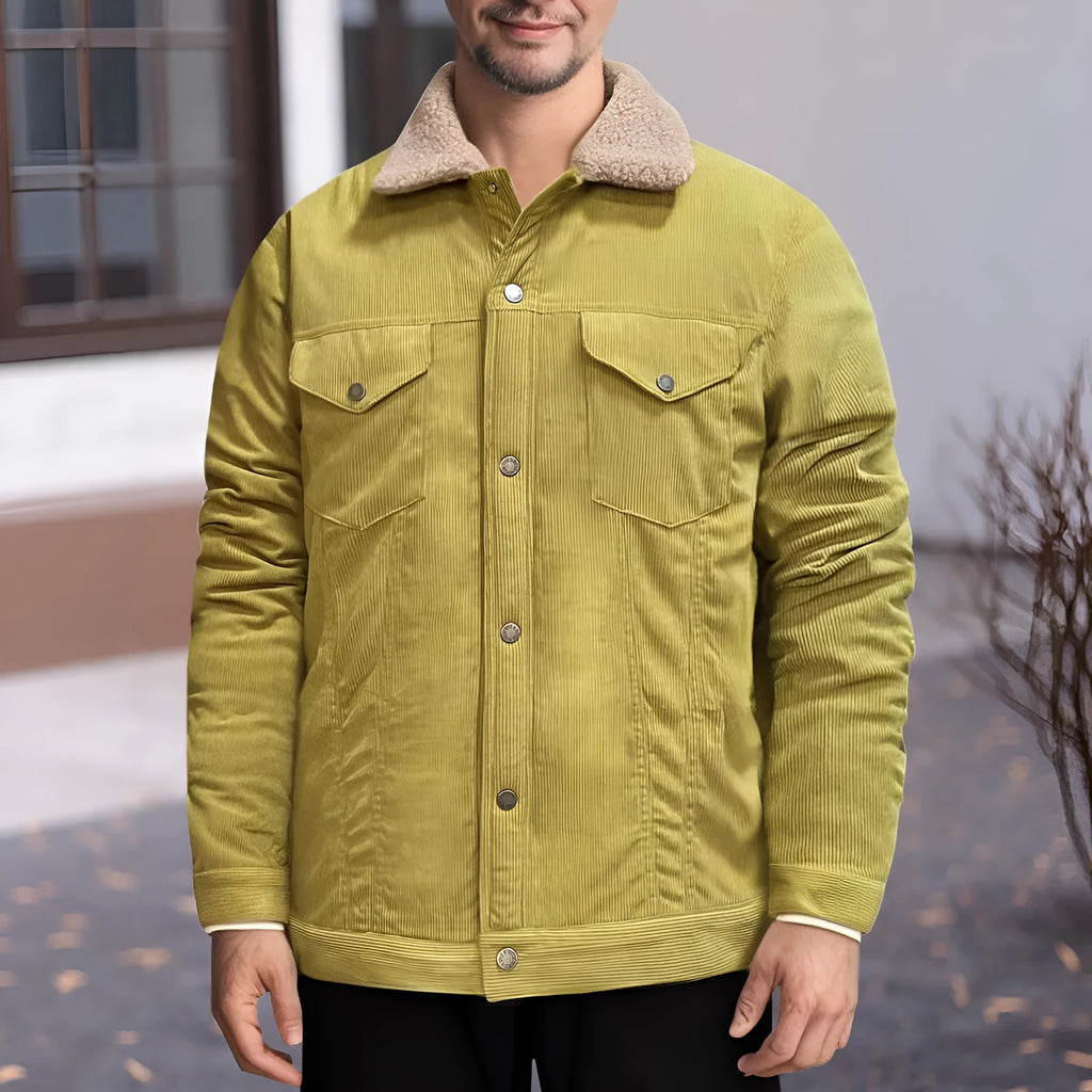 Men's long sleeve lapel corduroy fleece-lined jacket in thickened polyester bamboo fibre blend, eight colours, S-XXXL