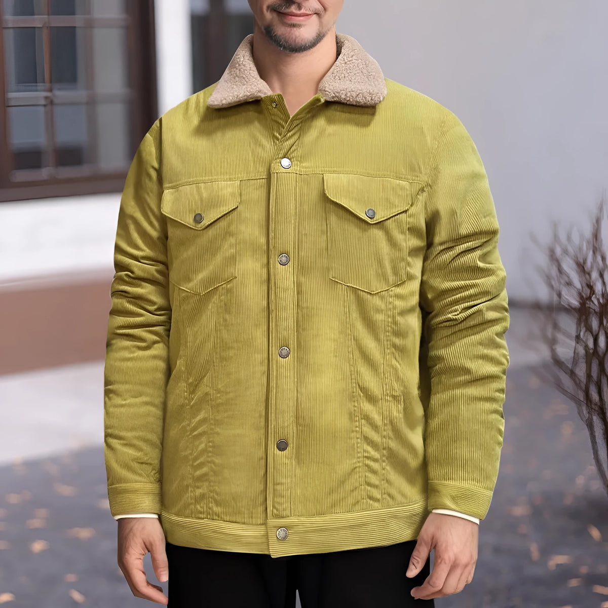 Men's long sleeve lapel corduroy fleece-lined jacket in thickened polyester bamboo fibre blend, eight colours, S-XXXL