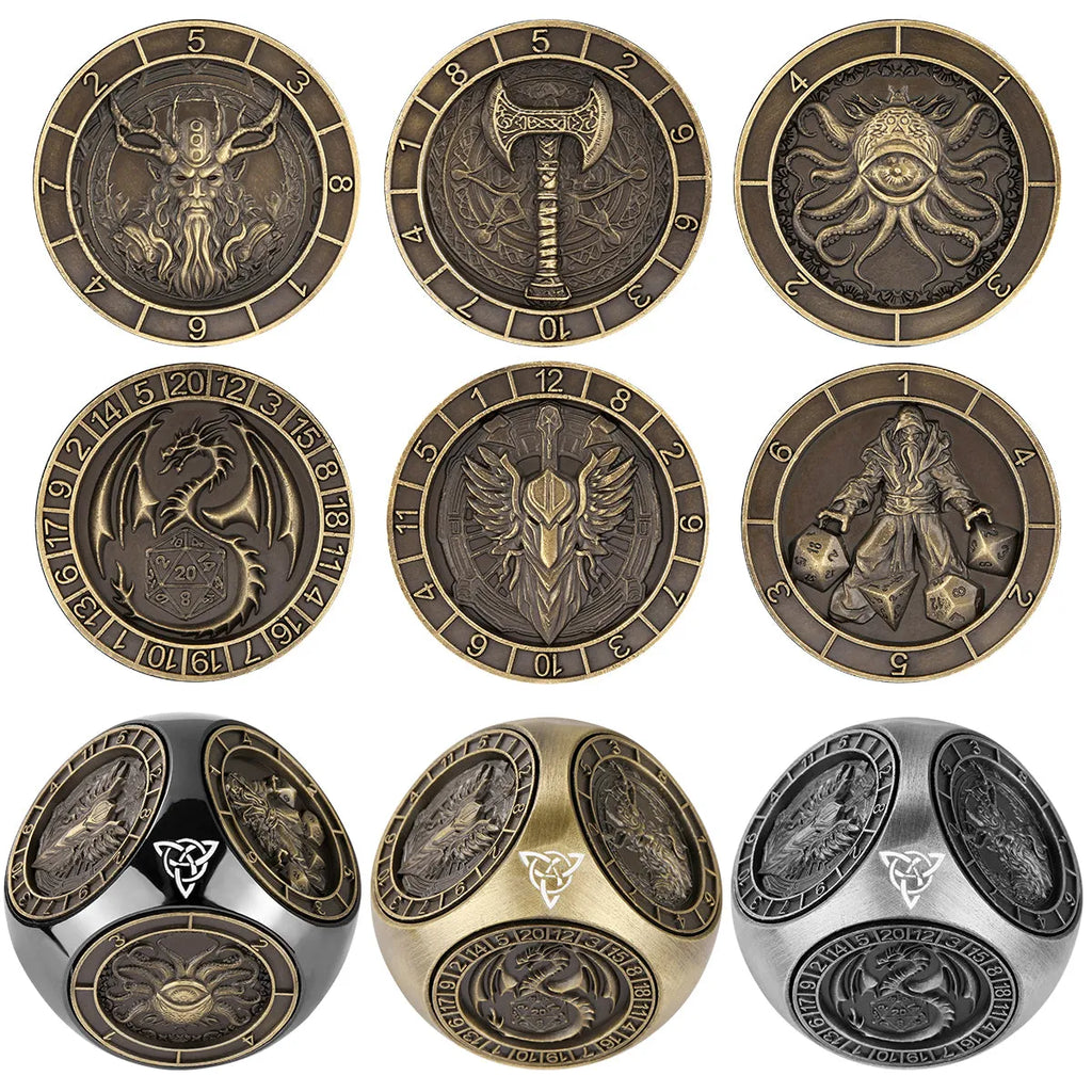 6-pack retro metal dice wheel gift box set with bronze, dark silver, and black finishes on a tabletop