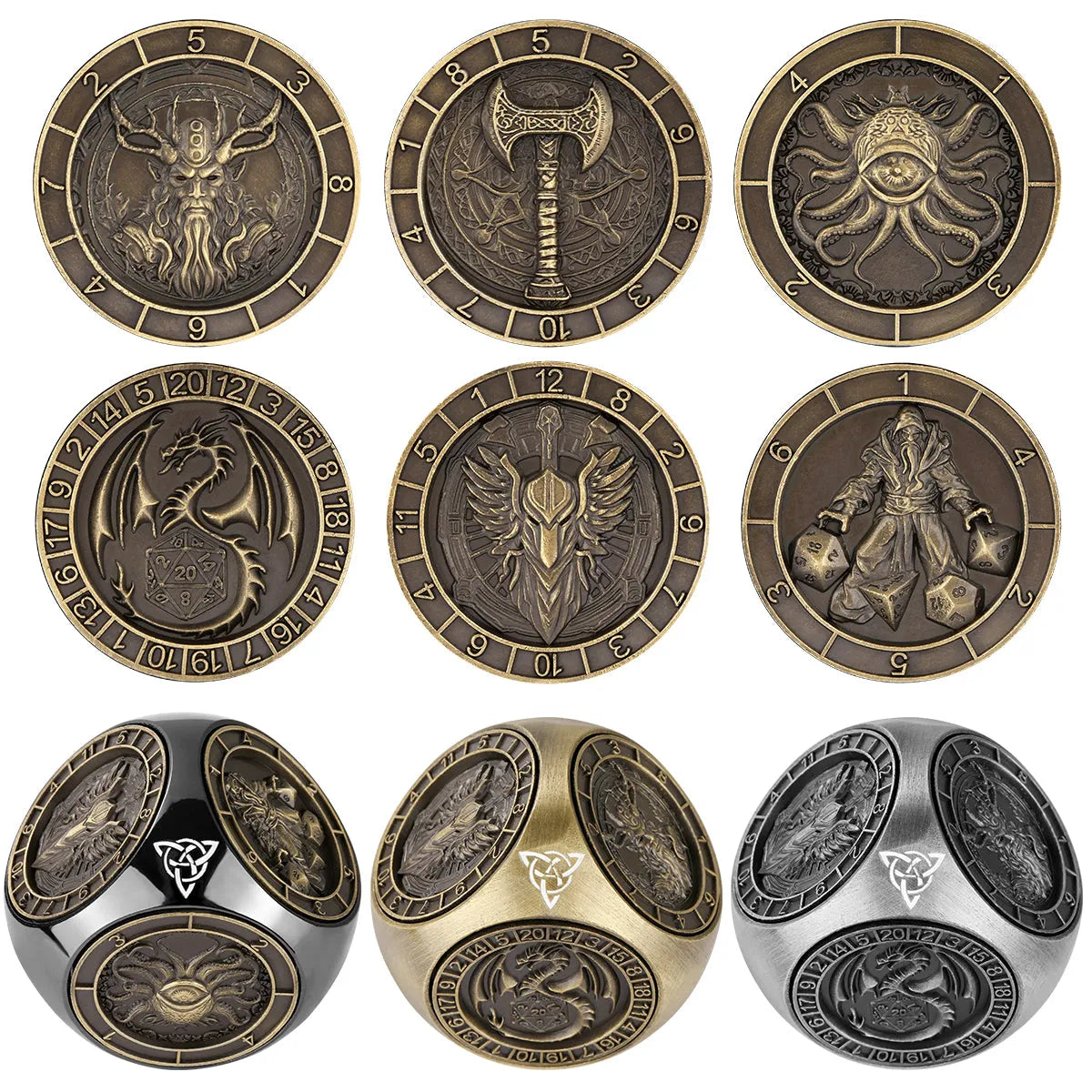 6-pack retro metal dice wheel gift box set with bronze, dark silver, and black finishes on a tabletop