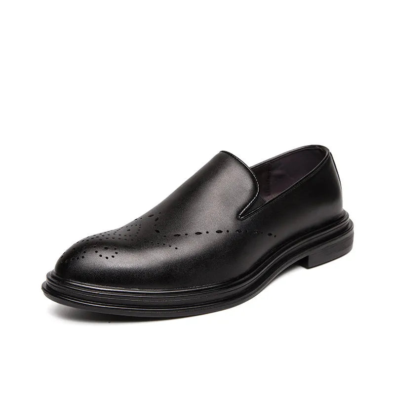 Big size men's slip-on loafers with pointed toe, black artificial PU upper and PU sole side view