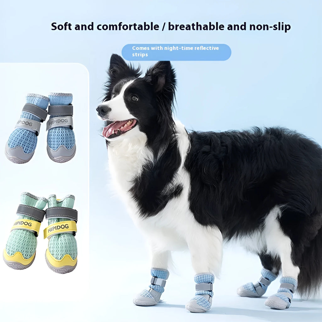 Pair of light blue cartoon-style dog shoes with breathable PU material on a white background.