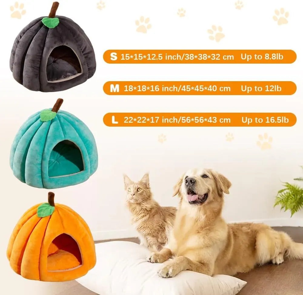 Pumpkin-shaped plush cat cave bed with a round entry hole, shown in blue colour
