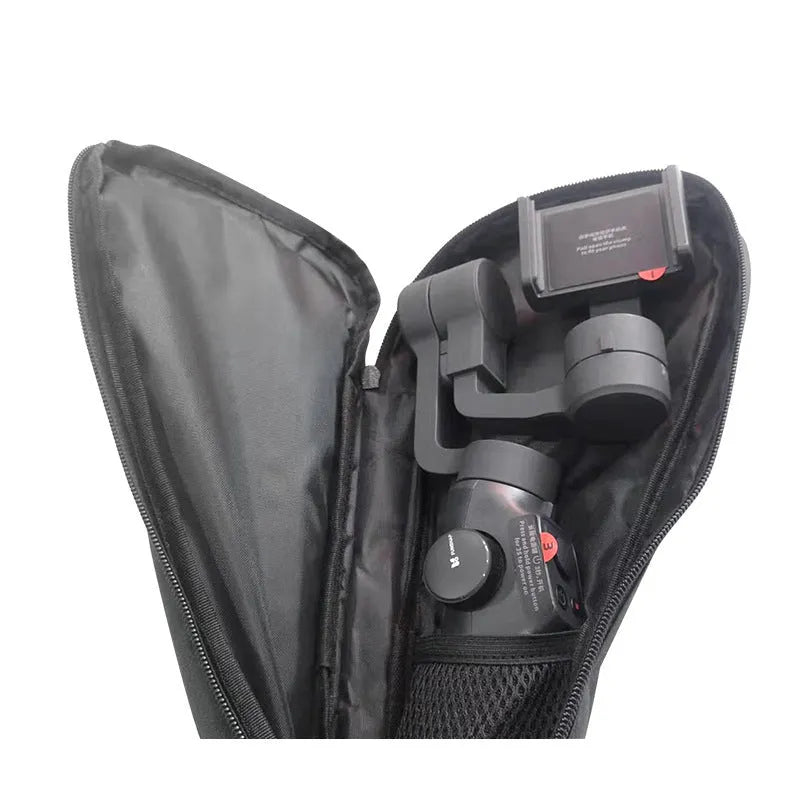 Black water-resistant cloth storage bag for a mobile phone gimbal, shown open to reveal padded interior and organisation compartments.