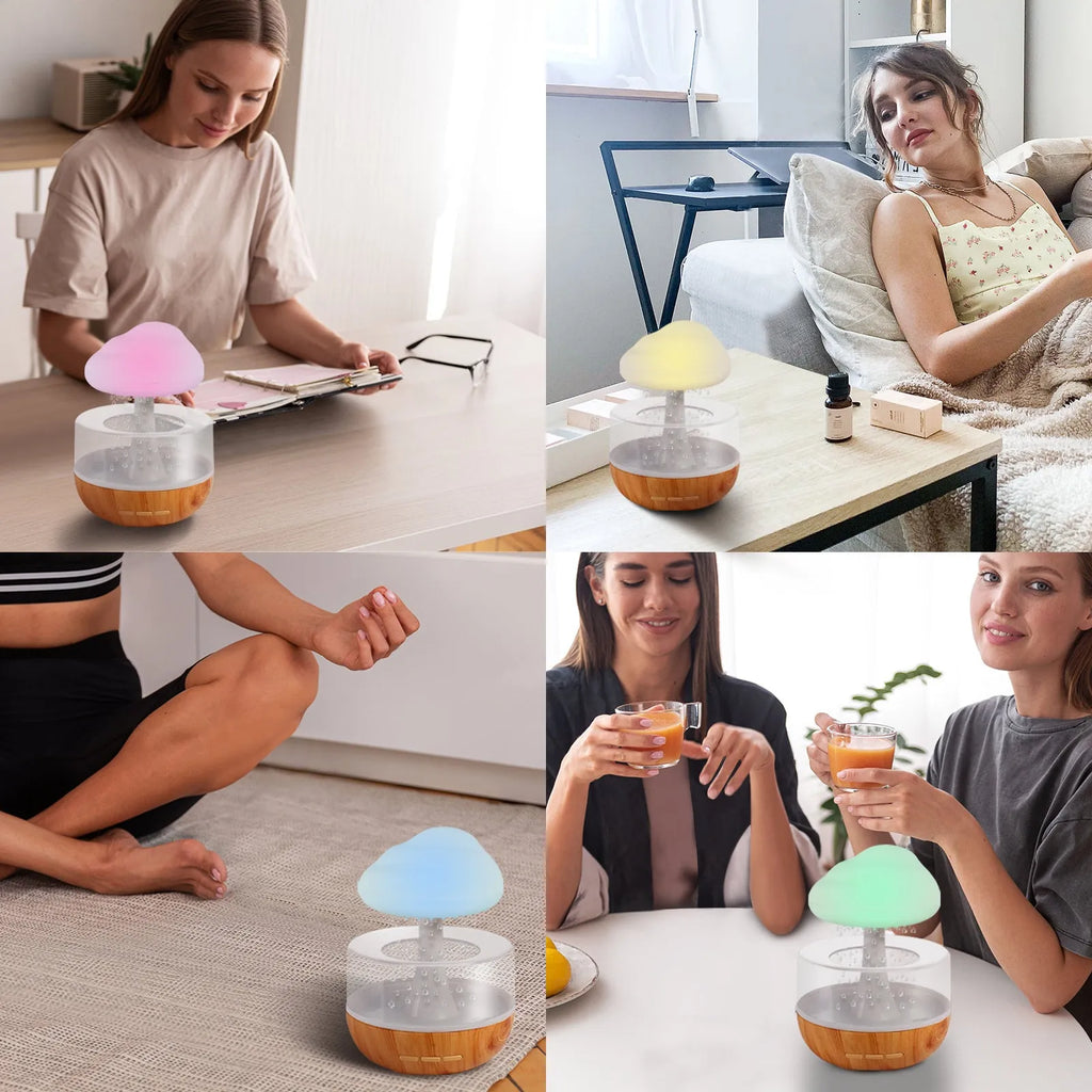 White cloud-shaped aromatherapy humidifier with night lights and USB cable.