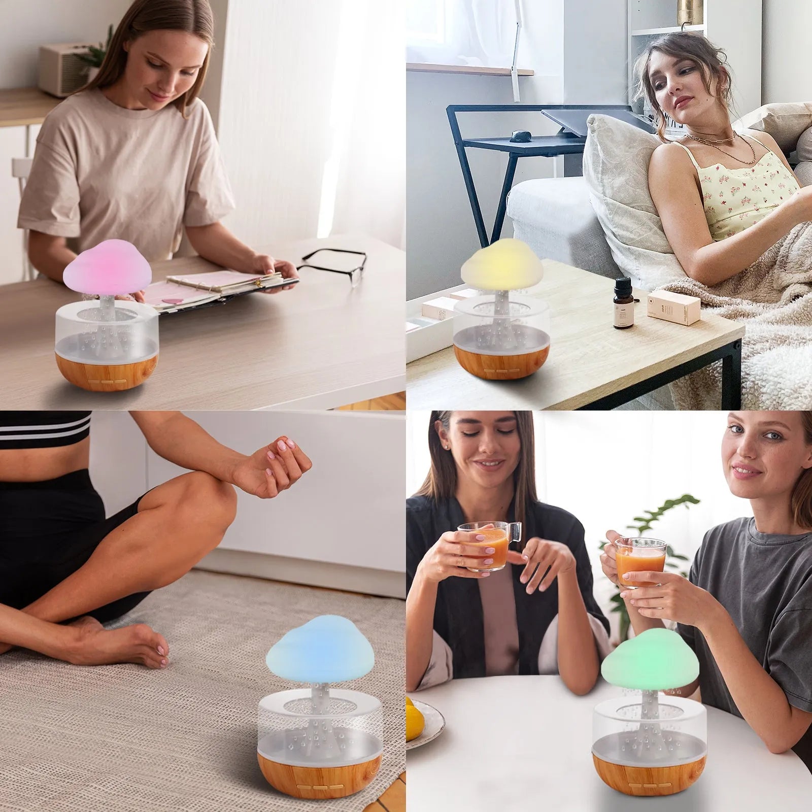 White cloud-shaped aromatherapy humidifier with night lights and USB cable.