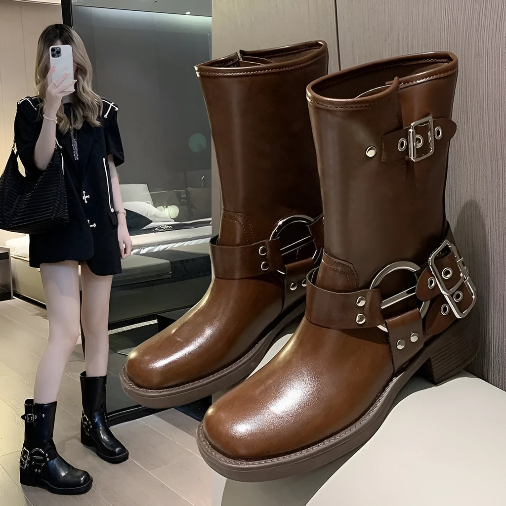 Women's black platform ankle boots with buckle strap on block heel
