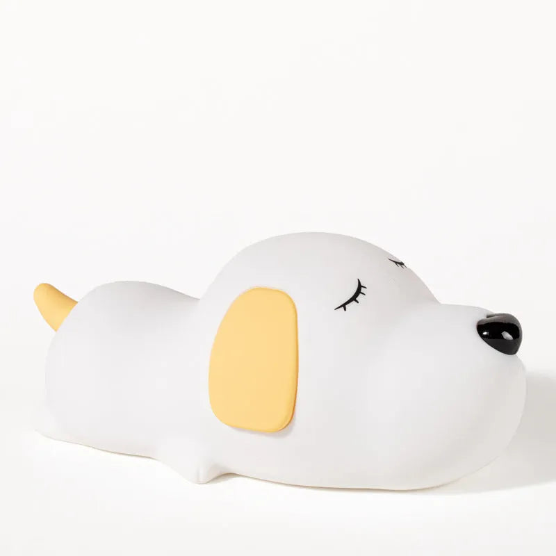 Silicone cartoon dog night light with two-tone design, shown with USB charging cable.