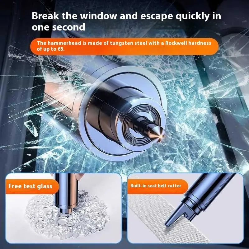 Black and red car safety life hammer with spring-loaded centre punch for emergency window breaking