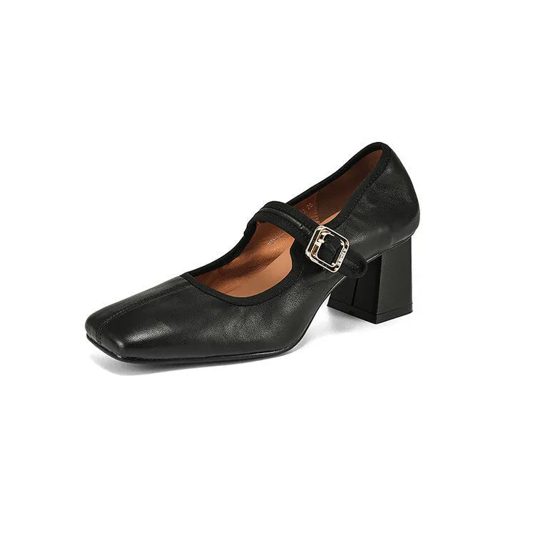 Women's square toe chunky heel pumps in black and wine red with sheepskin upper