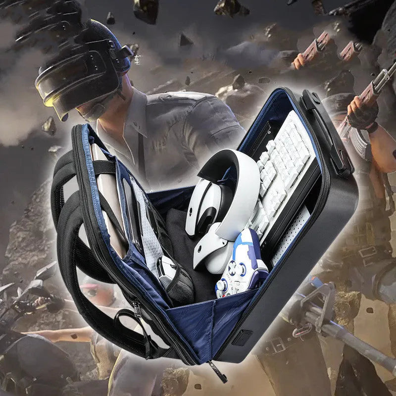 Men's hard shell PC gaming backpack in black or silver with lock, showing internal laptop and organiser pockets.
