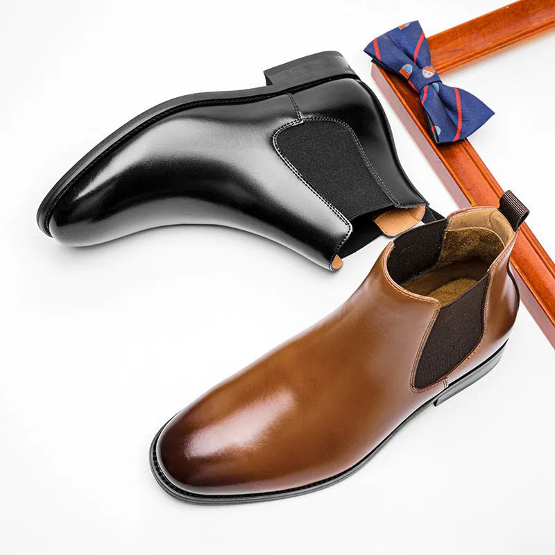 Men's British Retro Chelsea boots in black or brown genuine cowhide leather with fleece lining and low heel