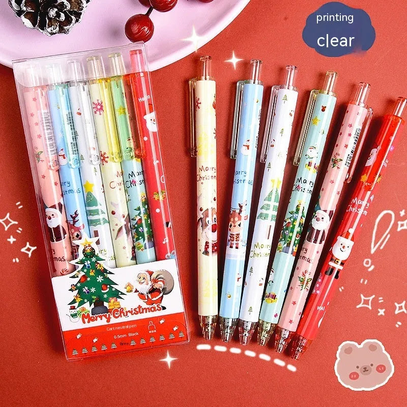 Set of 6 press gel pens with black ink in cartoon series design for Christmas reward gift