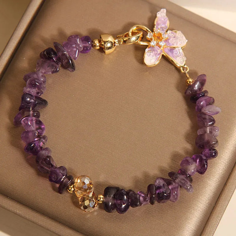 Crystal gravel wisteria flower bracelet in purple with alloy inlay and artificial gemstone details for women