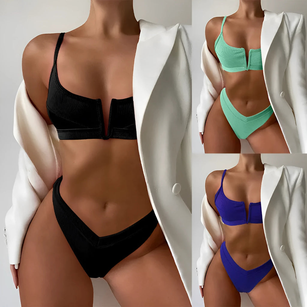 Women's high waist triangle swimsuit with split shorts in multiple colour options