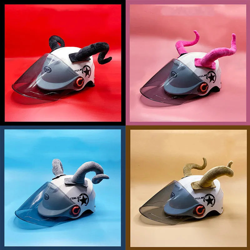 Pair of composite fibre demon horns for motorcycle helmet customisation in black, pink, brown, or grey.