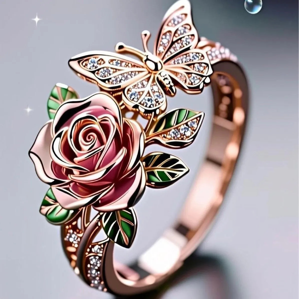 Adjustable colourful alloy ring with drip oil finish, featuring flower, insect, and leaf designs in a fairy style.