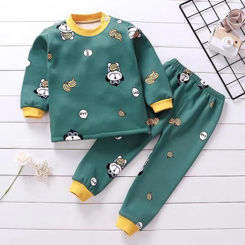 Children's fleece-lined thermal underwear set in coral fleece with cartoon print, suitable for winter autumn spring, sizes 73-130cm