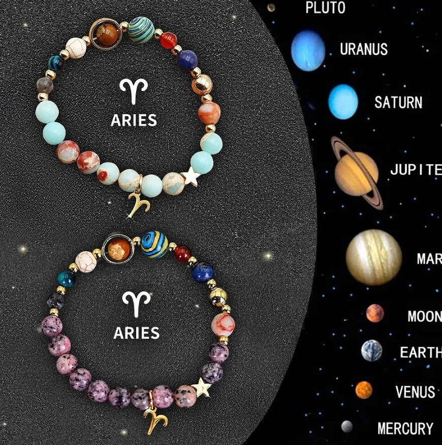 Two natural stone beaded bracelets with metal zodiac charms on a dark background.