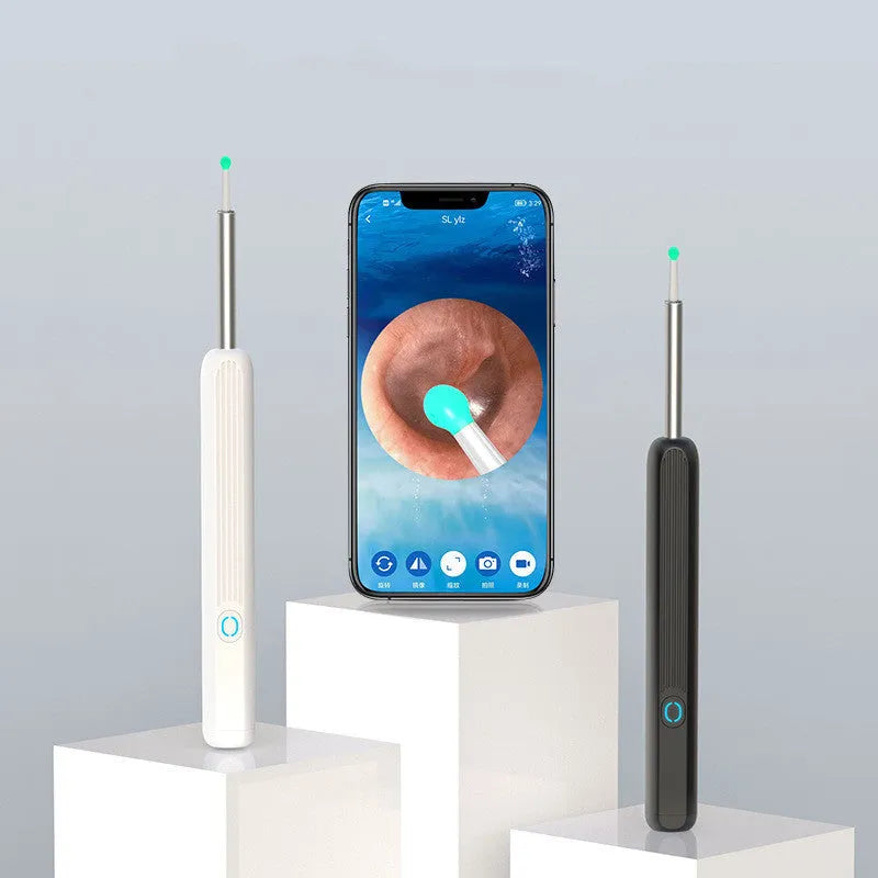 NE3 wireless otoscope ear cleaner with camera, LED light, and smartphone display showing ear canal view