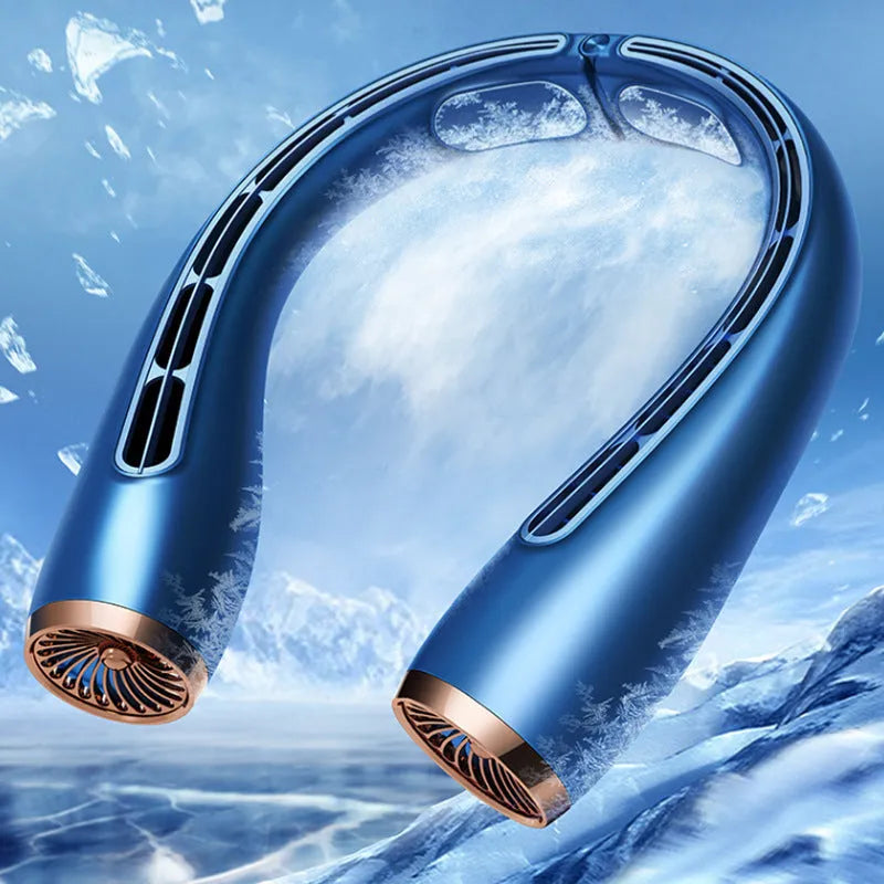 Bladeless neck fan with refrigeration and 4000mAh battery shown in blue, lightweight design for hands-free use