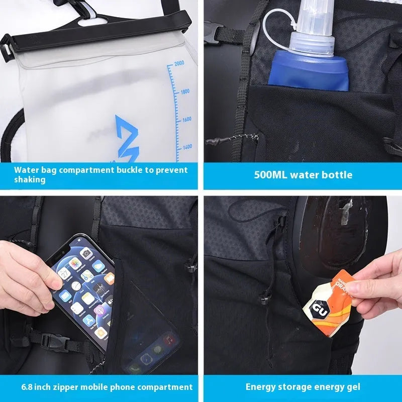 5L nylon hydration backpack in black or white, available in S, M, and L sizes, for cross-country and climbing. Water bag not included.