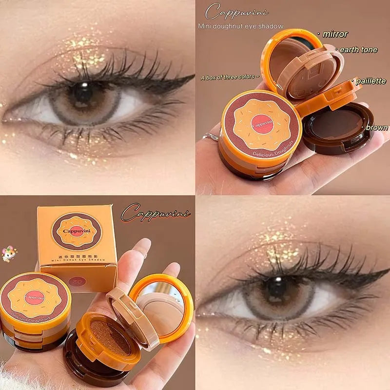 Mini donut eye shadow palette with three pink and brown shades in matte and glittering finishes, compact for daily makeup use