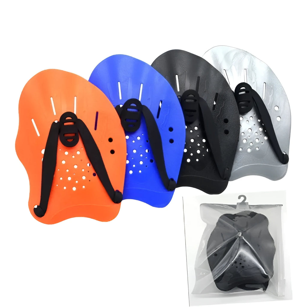 Pair of black webbed swim training hand paddles with five individual finger loops, laying flat on a blue background.