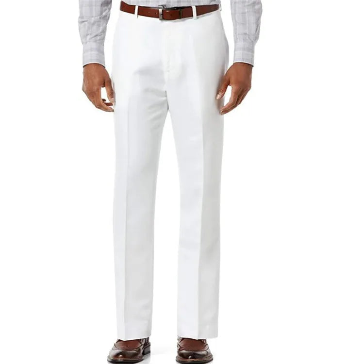 Men's beige linen trousers with slant pockets laid flat on a surface.