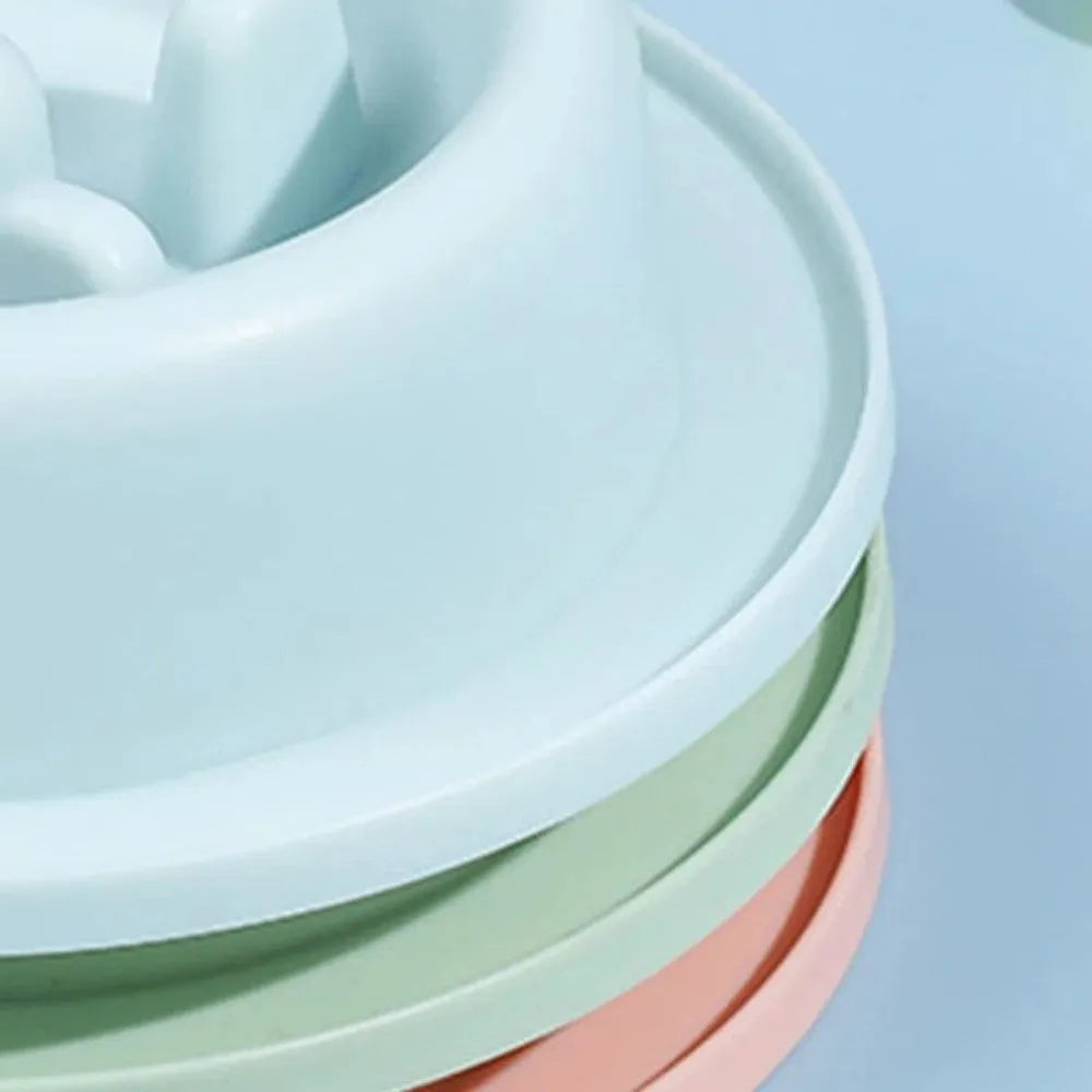 PP plastic slow feeder pet bowl in macaroon colour with raised feeding obstacles