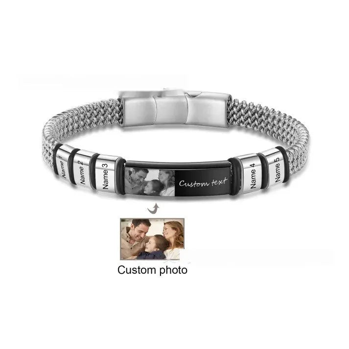 Men's stainless steel and leather rope lettering bracelet with heart-shaped beads and electroplated finish