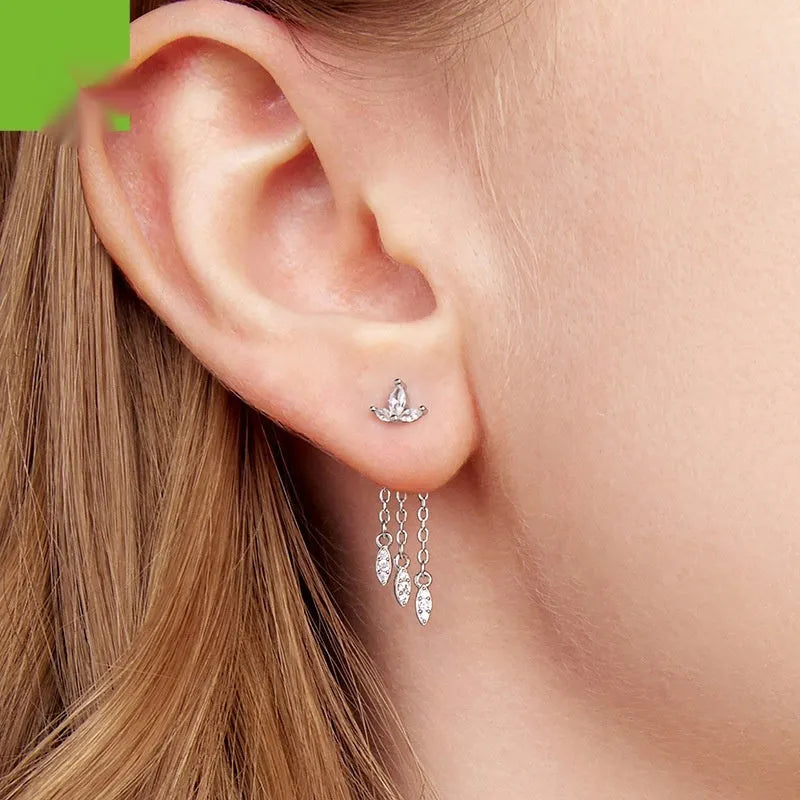 Pair of silver ear studs with small flower and tassel front and rear structure, BSE1240 colour, on light background
