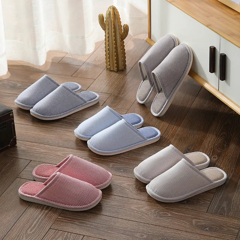 Household stripes indoor non-slip cotton slippers with PVC sole and round toe in khaki colour