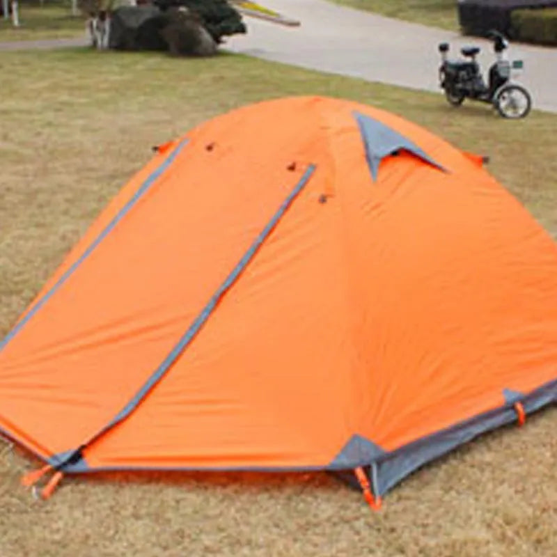 Triple double aluminium pole camping tent in orange for 3-4 people with two doors outdoors