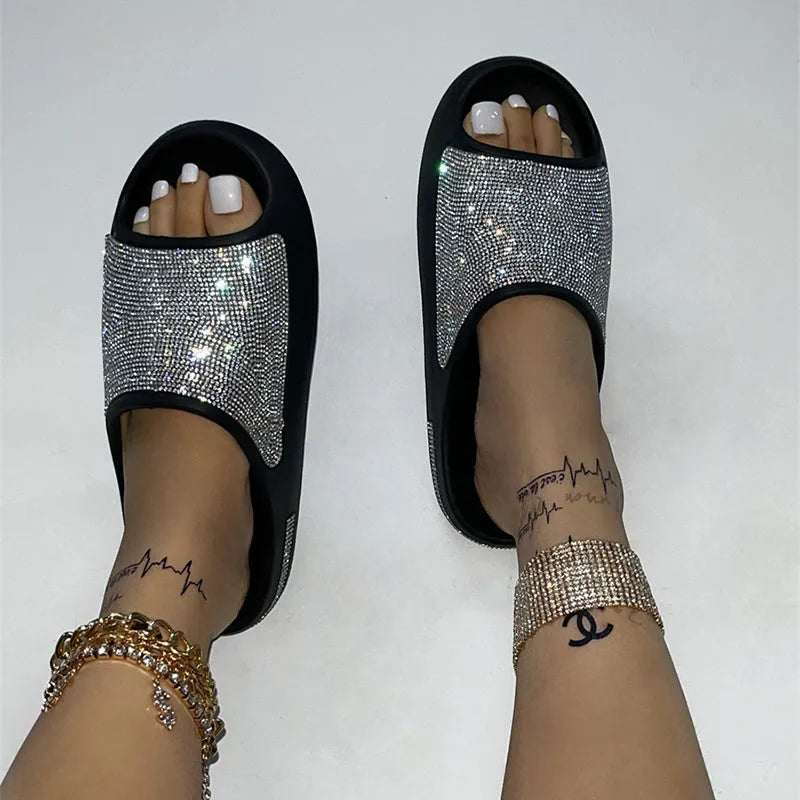 Women's rhinestone slippers with peep-toe thick sole in apricot, side view showing rhinestone upper and EVA sole
