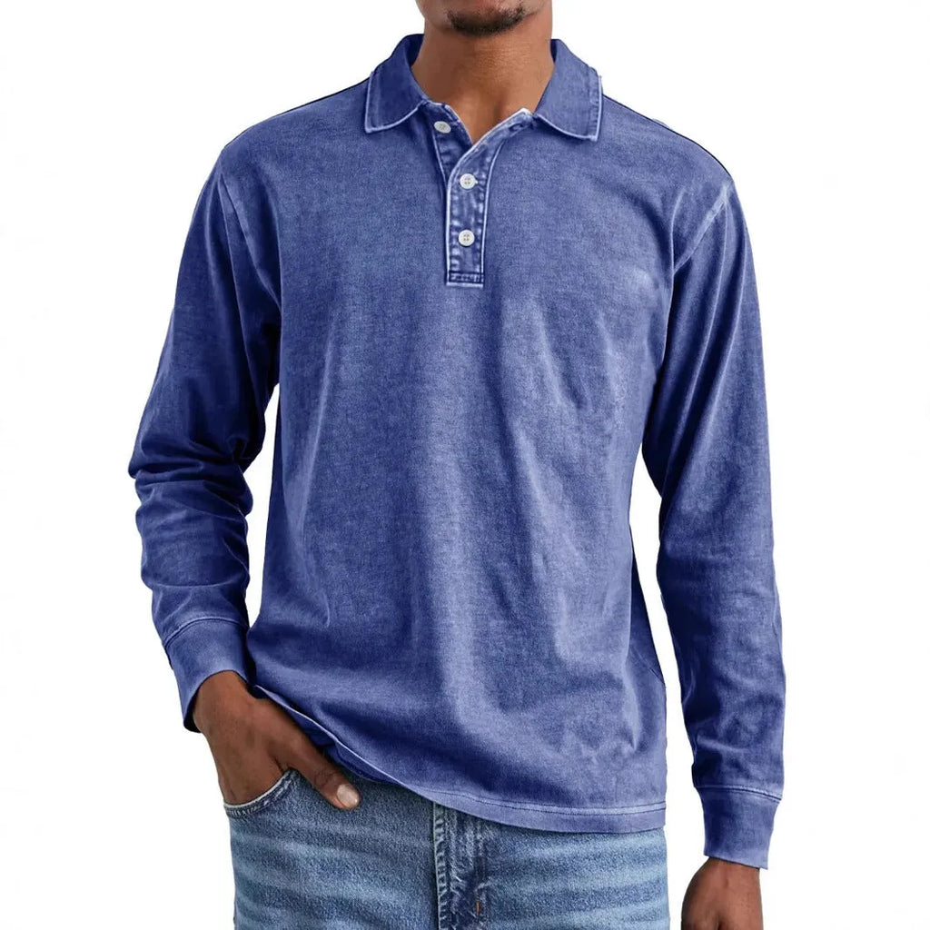 Retro washed distressed pure cotton long sleeve polo shirt with lapel collar in multiple colours.