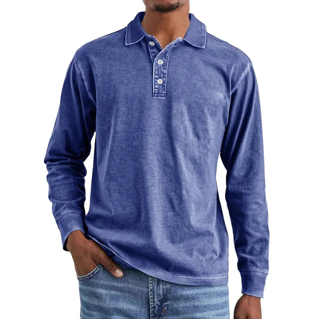Retro washed distressed pure cotton long sleeve polo shirt with lapel collar in multiple colours.