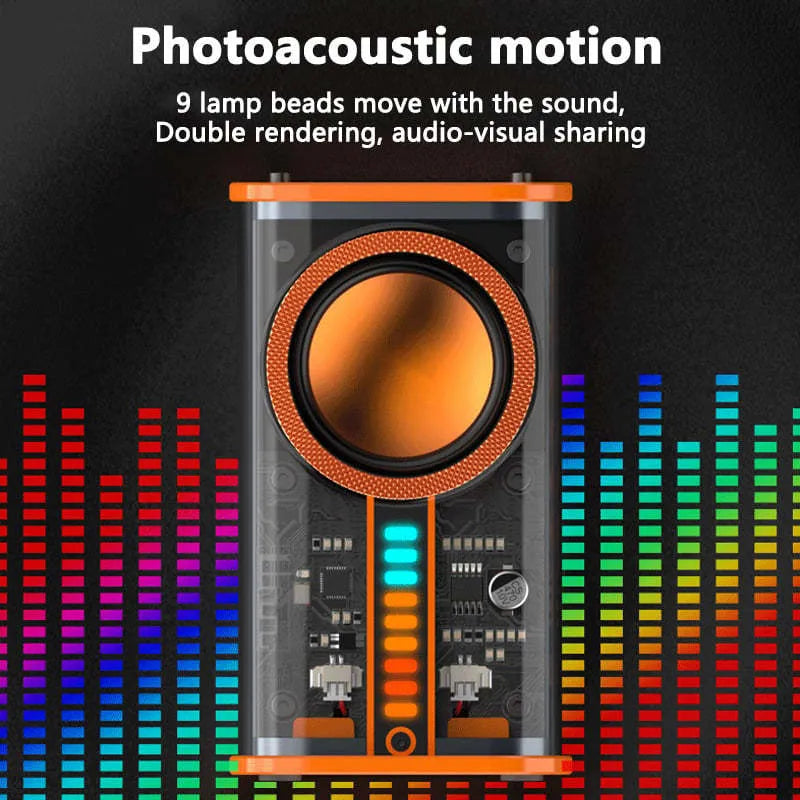 K07 transparent mecha wireless Bluetooth speaker with LED light patterns on a desk, black transparent finish