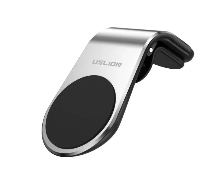 Black universal car phone holder bracket mounted on a car dashboard holding a smartphone.