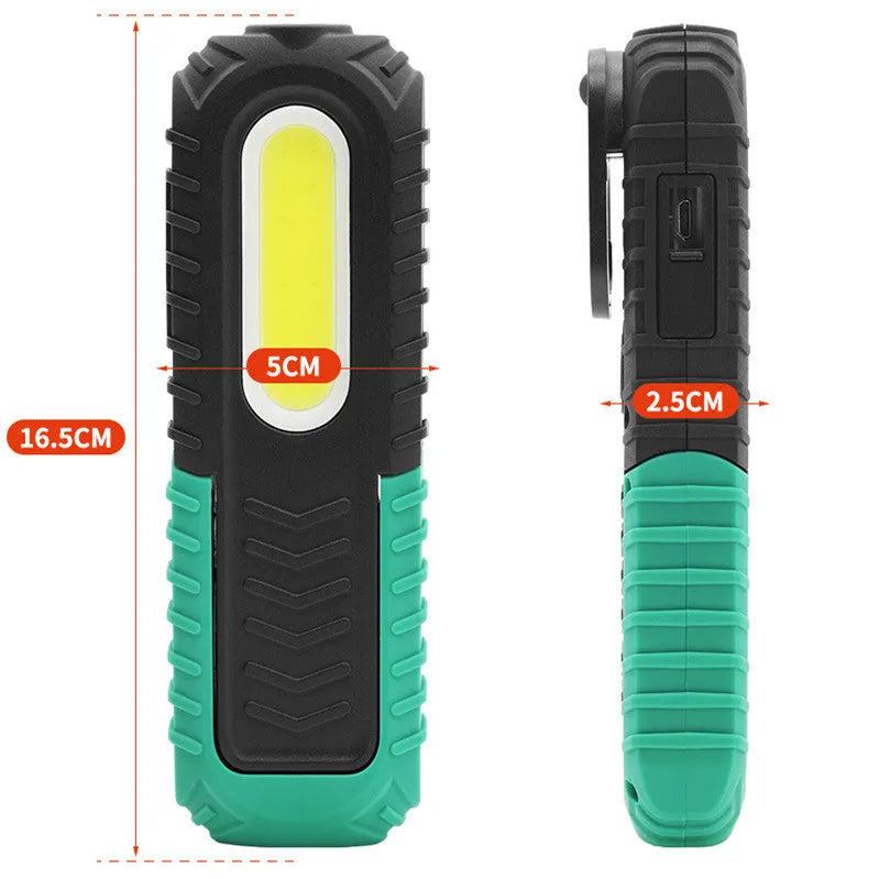 Black and green USB rechargeable auto repair work light with 6500K daylight output