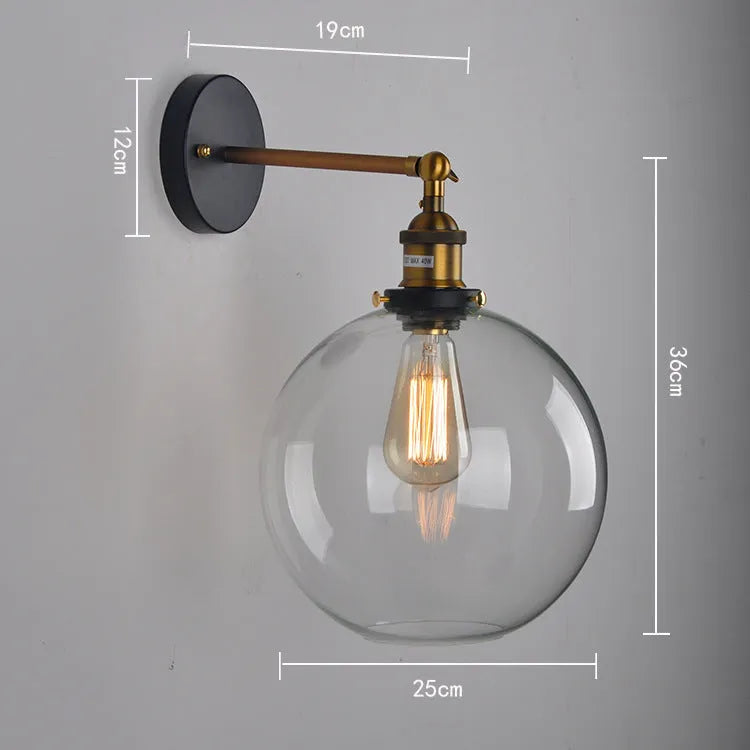 20cm round retro glass wall lamp with an aluminium holder in amber finish