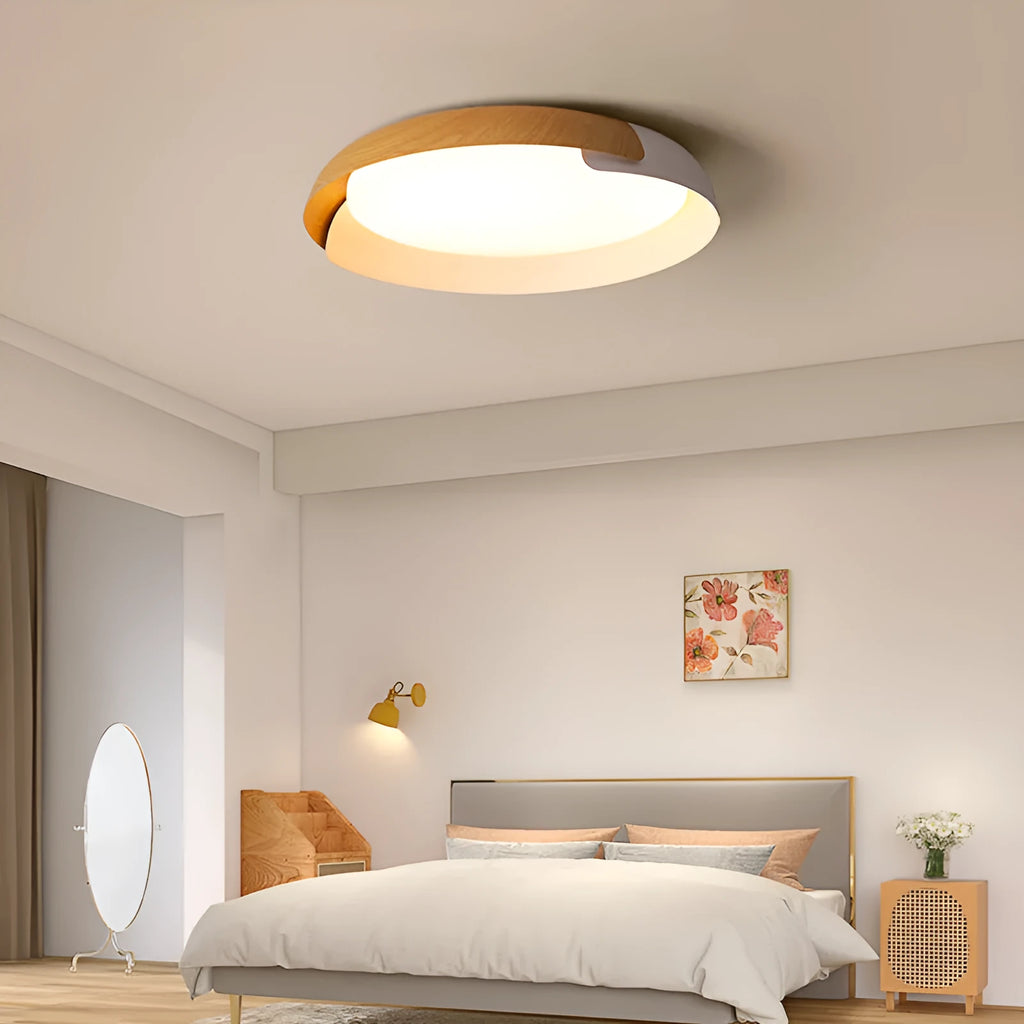 Nordic bedroom ceiling lamp in black walnut, sandy white grey or white wood, 42cm or 50cm, with stepless dimming