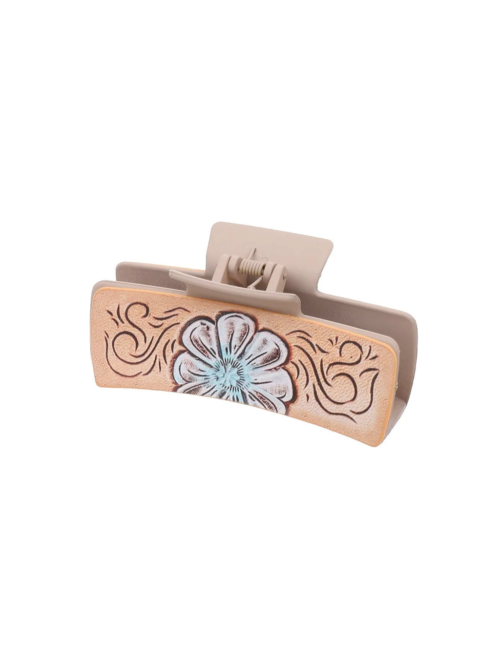 Gray artificial leather barrette with sunflower design and denim style texture for women