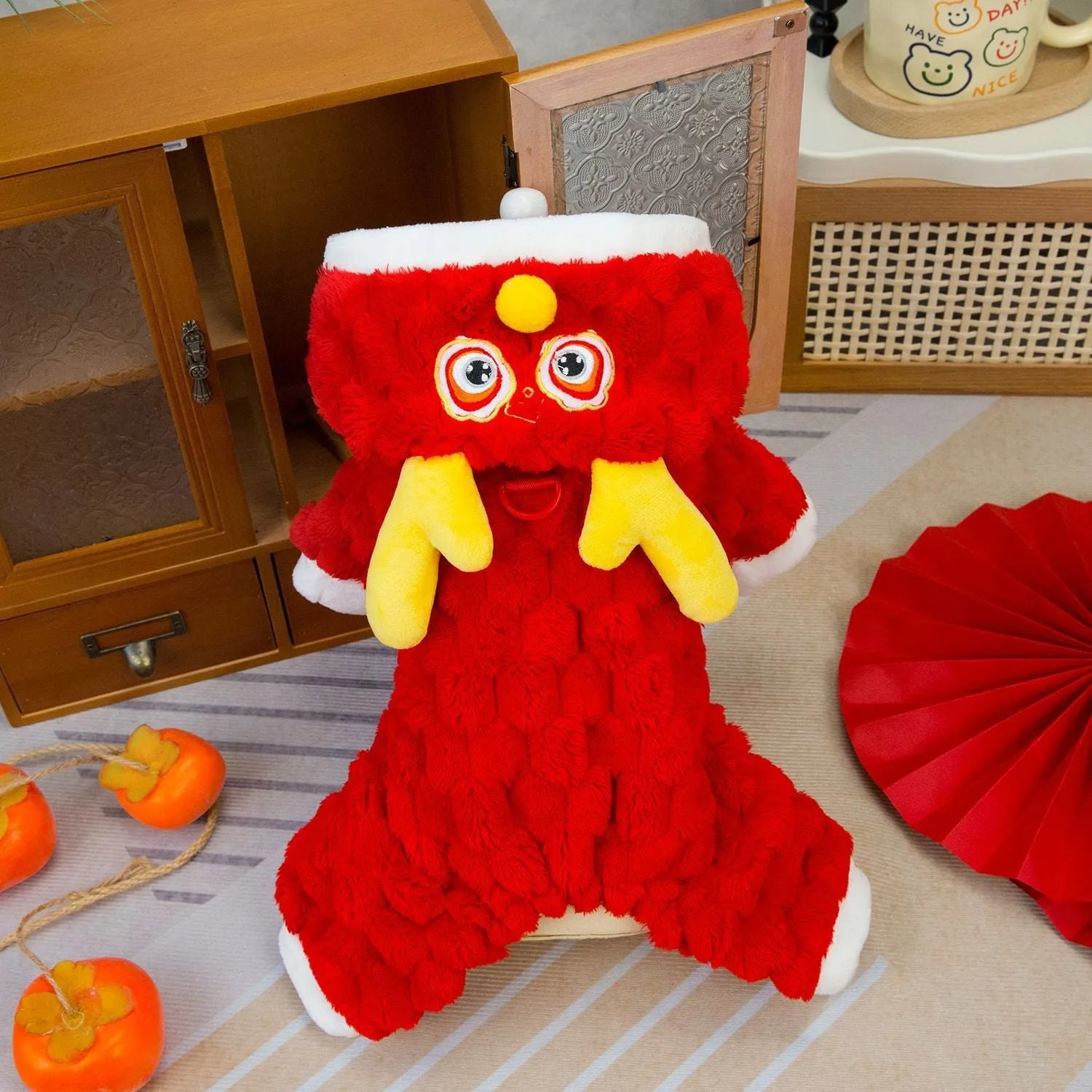 Red pet dog jacket with 24 Little Dragon cartoon design on double-sided velvet fabric