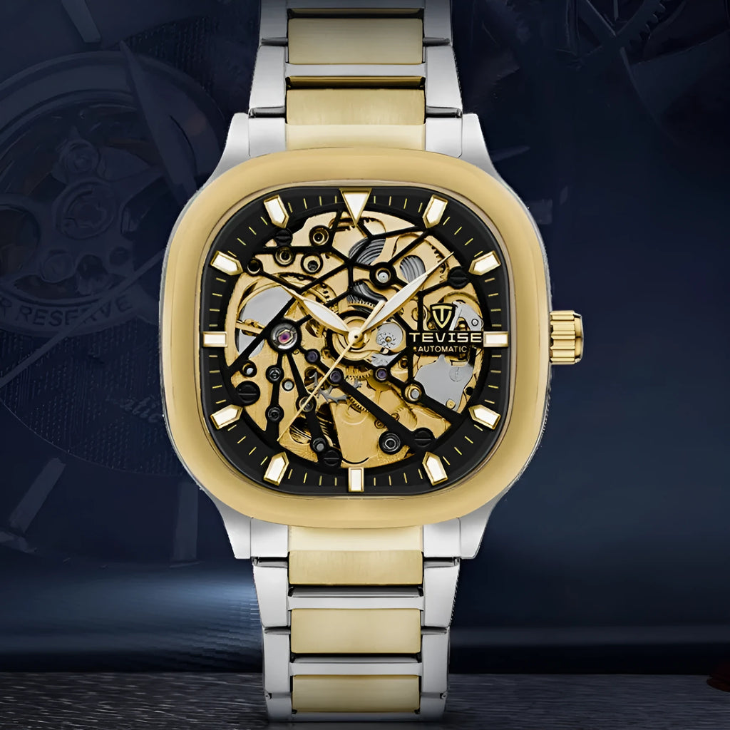 Men's square dial automatic watch with luminous markers on a stainless steel strap.