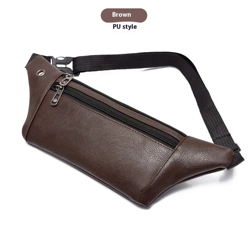 Men's black PU leather crossbody bag with breathable lining for outdoor running and commute
