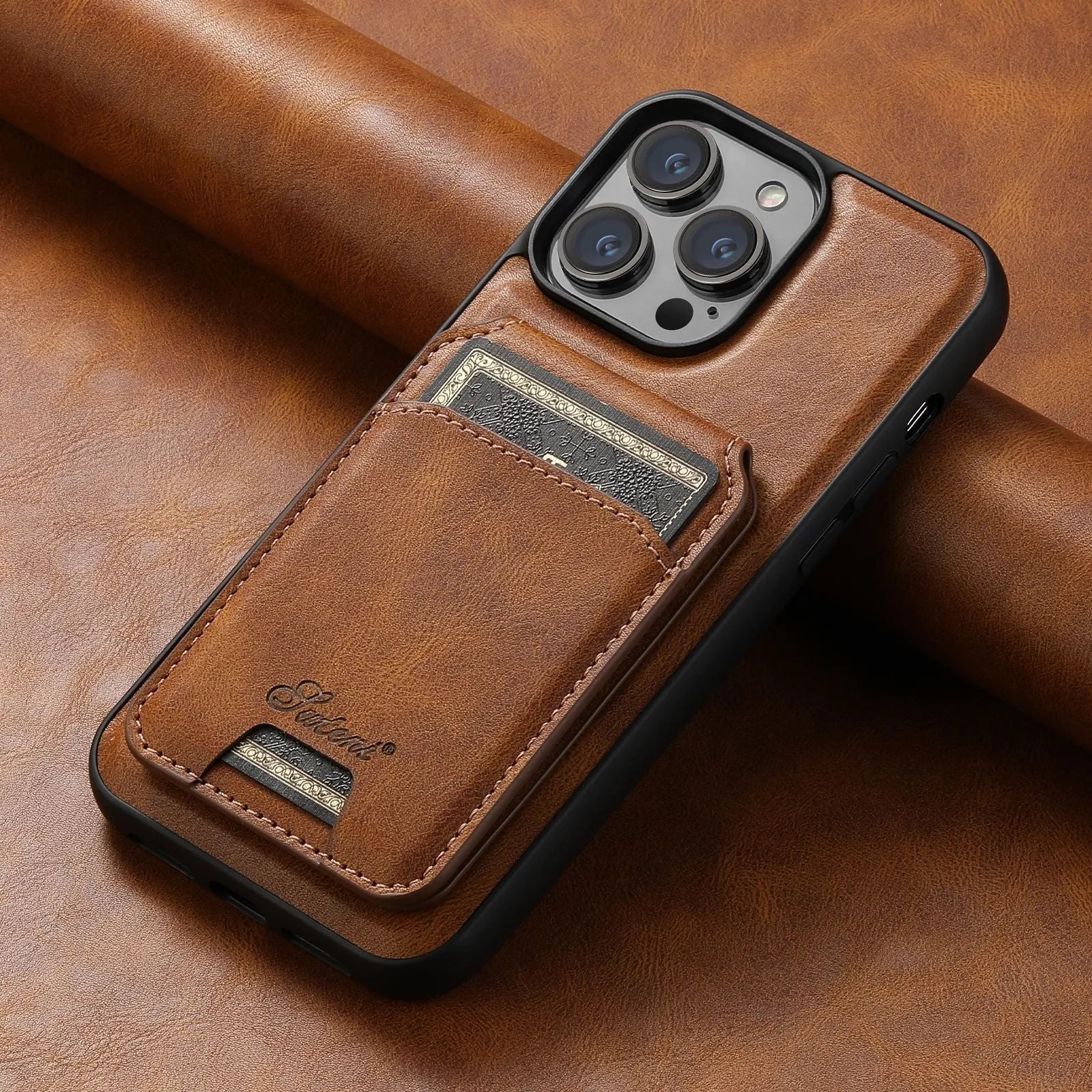 MagSafe compatible silicone iPhone case with magnetic card holder on back in oil wax pattern finish