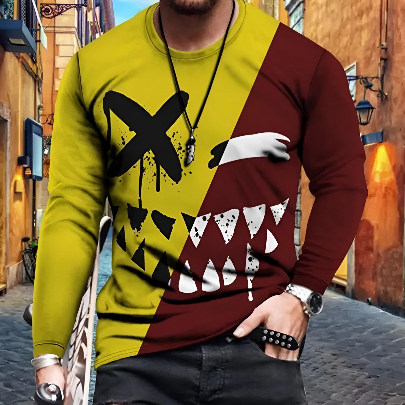 Men's slim fit long sleeve cotton t-shirt with geometric digital print, available in multiple colours and sizes