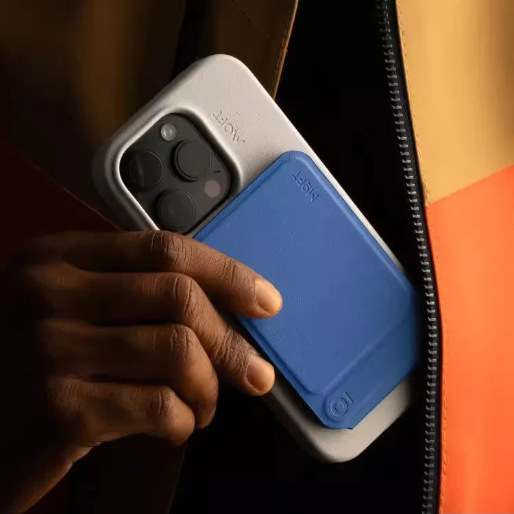 Magnetic mobile phone holder case in Movas leather showing the built-in stand in open and closed positions.