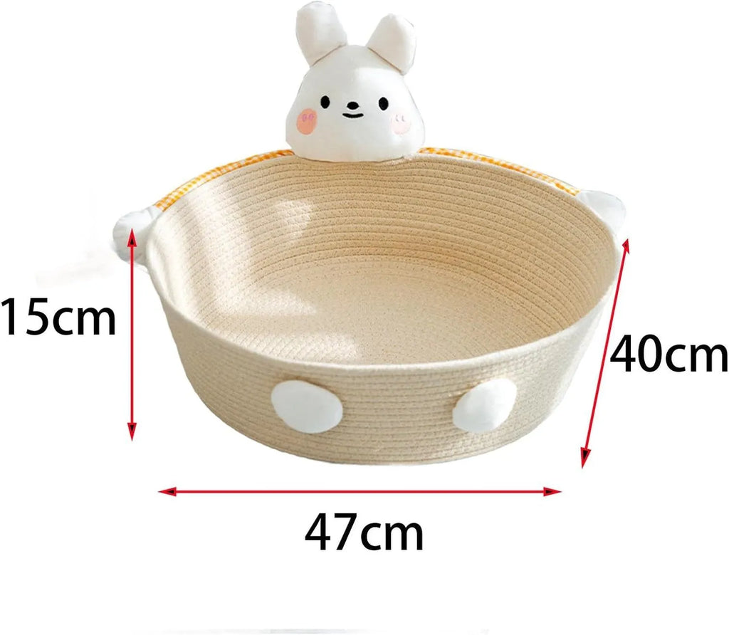 Woven cotton rope cat bed basket with scratching pad in Bear or Rabbit design